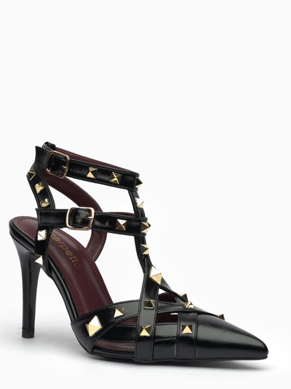 Valentina Studded Leather Sandal: Gold Pyramid Studs, Caged T-Strap, 100mm Heel